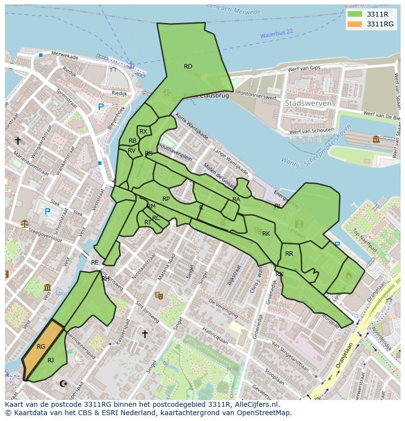 Afbeelding van het postcodegebied 3311 RG op de kaart.