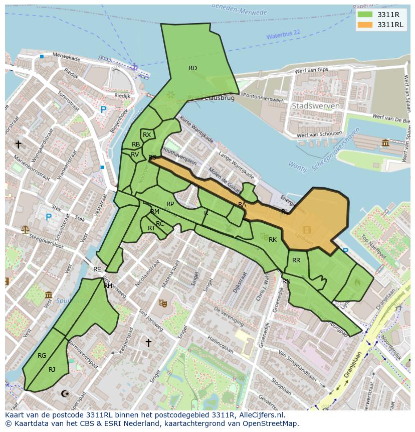 Afbeelding van het postcodegebied 3311 RL op de kaart.