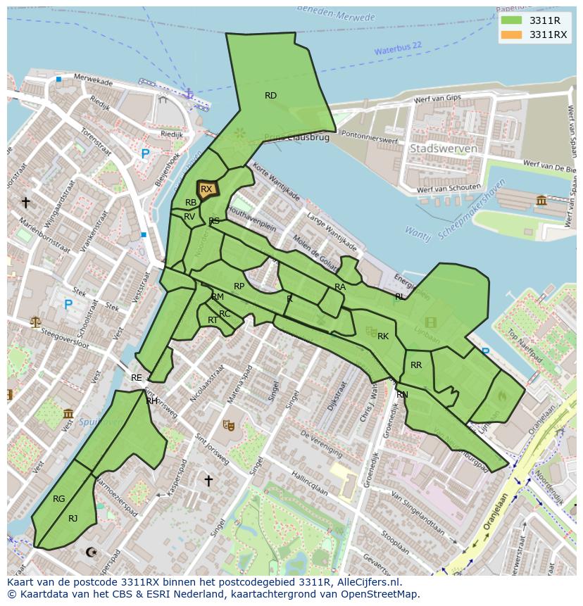 Afbeelding van het postcodegebied 3311 RX op de kaart.