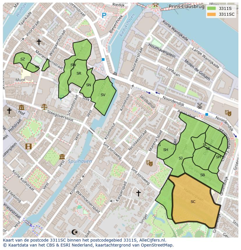 Afbeelding van het postcodegebied 3311 SC op de kaart.