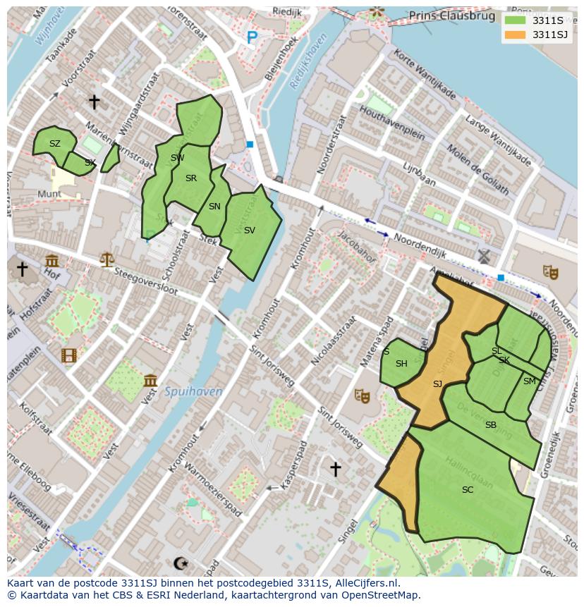 Afbeelding van het postcodegebied 3311 SJ op de kaart.