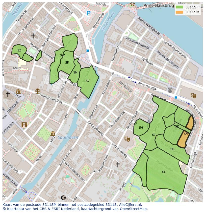 Afbeelding van het postcodegebied 3311 SM op de kaart.