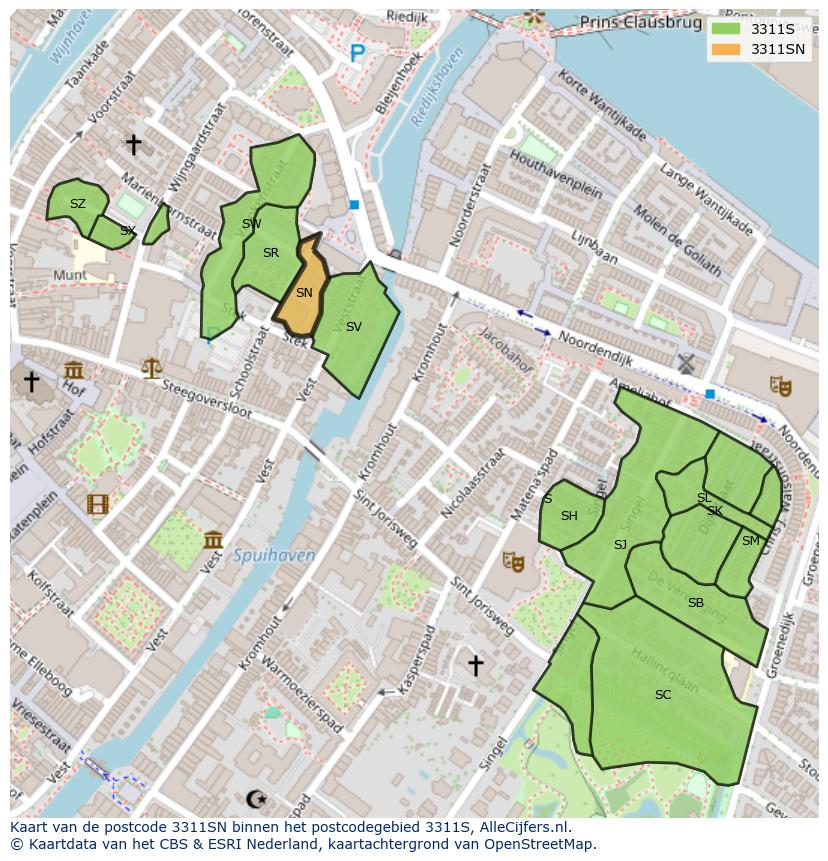 Afbeelding van het postcodegebied 3311 SN op de kaart.