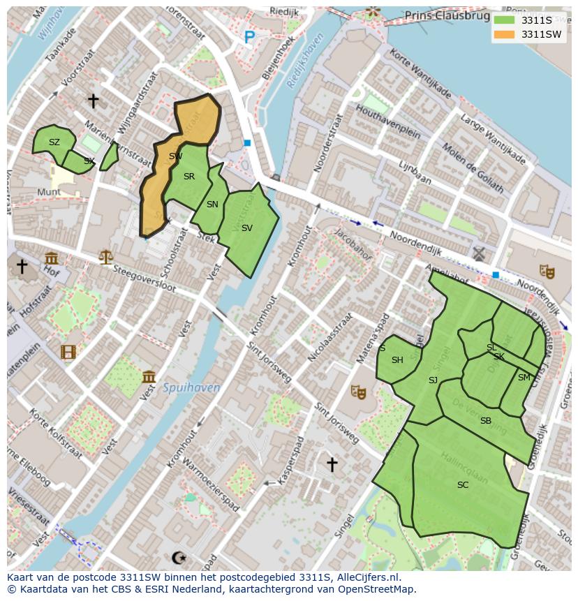 Afbeelding van het postcodegebied 3311 SW op de kaart.