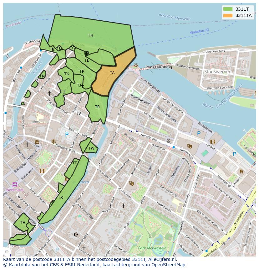 Afbeelding van het postcodegebied 3311 TA op de kaart.