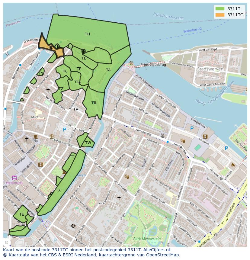 Afbeelding van het postcodegebied 3311 TC op de kaart.