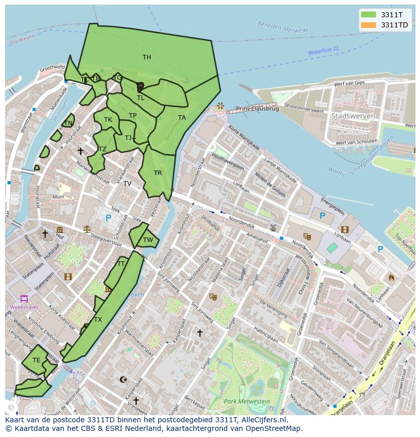Afbeelding van het postcodegebied 3311 TD op de kaart.