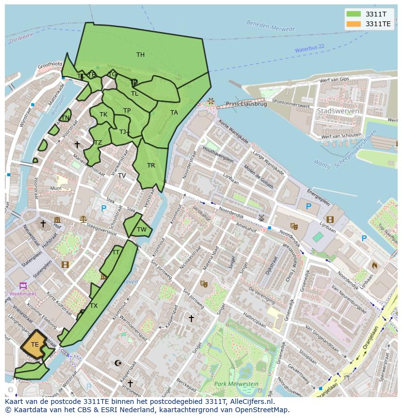 Afbeelding van het postcodegebied 3311 TE op de kaart.