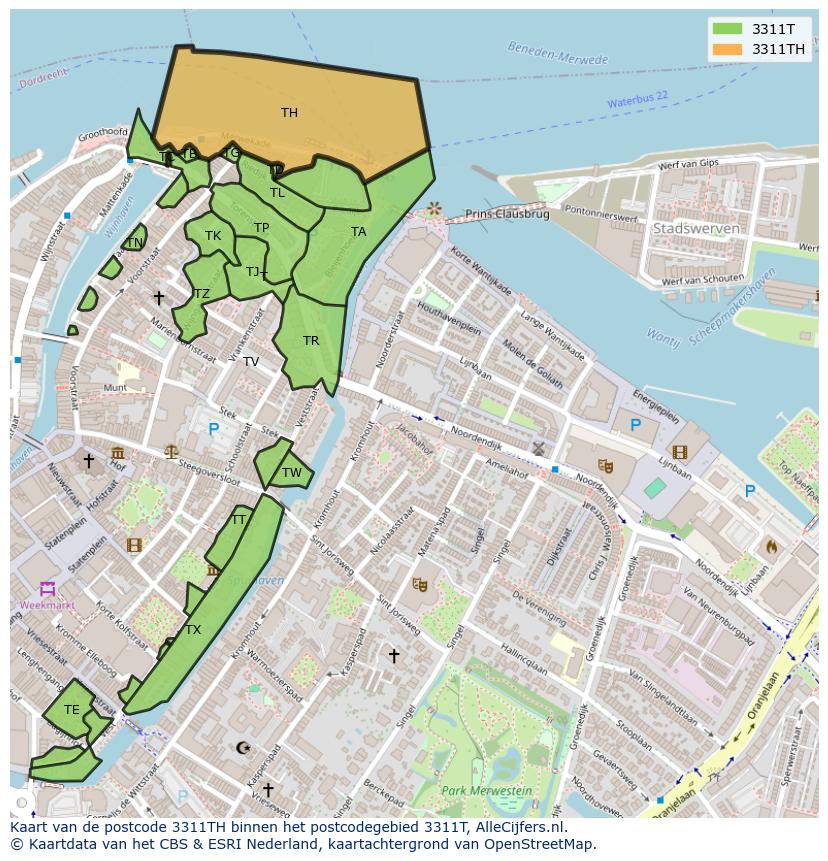 Afbeelding van het postcodegebied 3311 TH op de kaart.