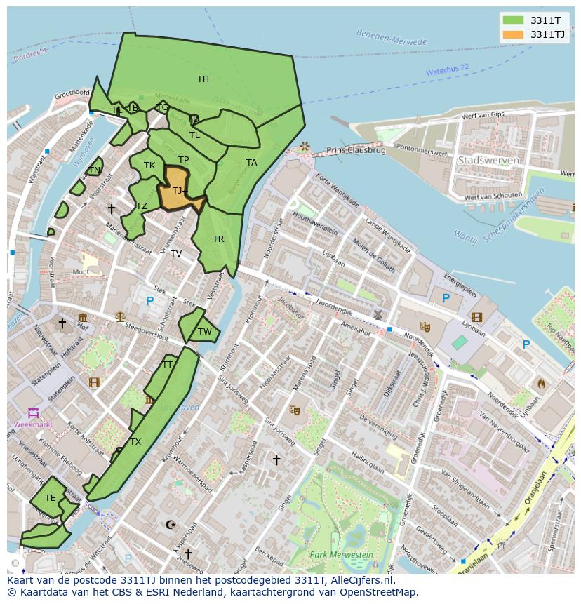 Afbeelding van het postcodegebied 3311 TJ op de kaart.