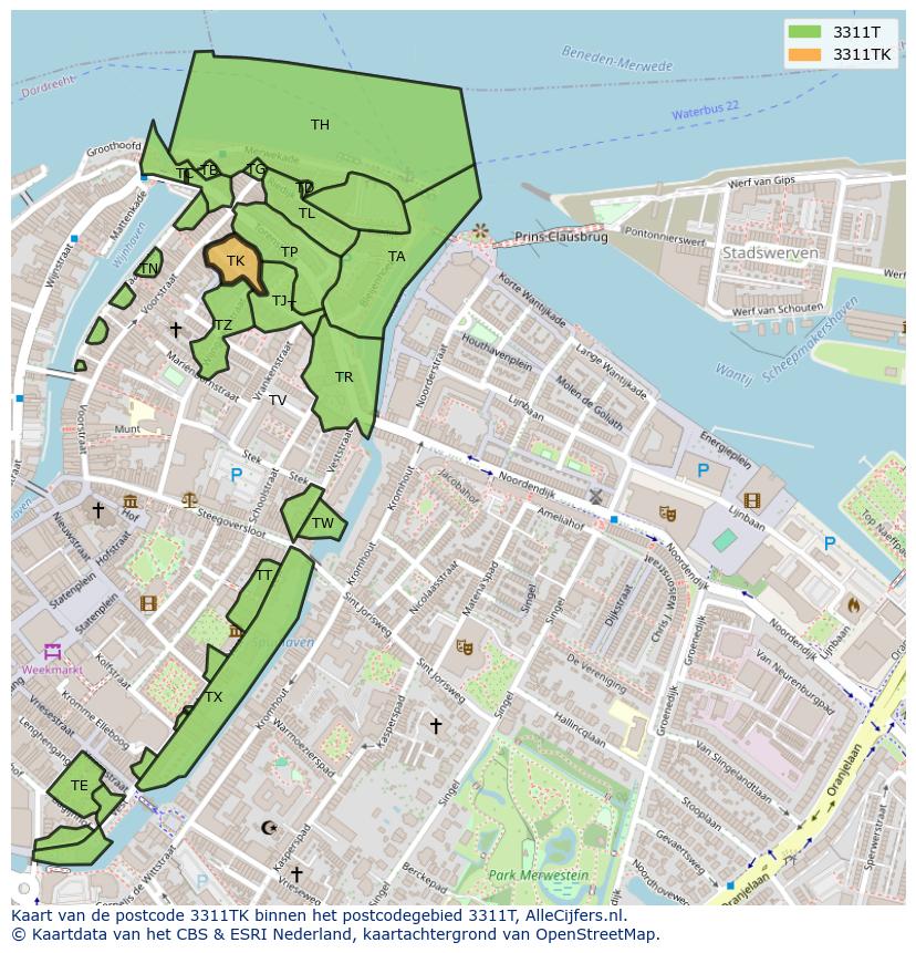 Afbeelding van het postcodegebied 3311 TK op de kaart.