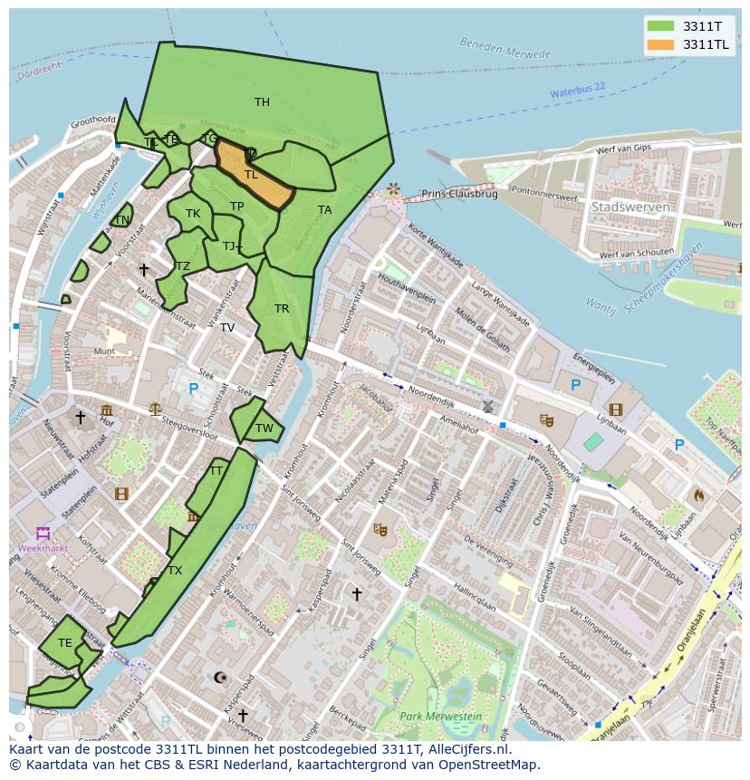 Afbeelding van het postcodegebied 3311 TL op de kaart.