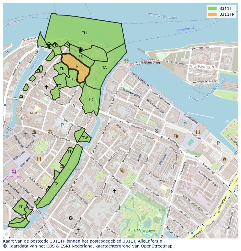 Afbeelding van het postcodegebied 3311 TP op de kaart.
