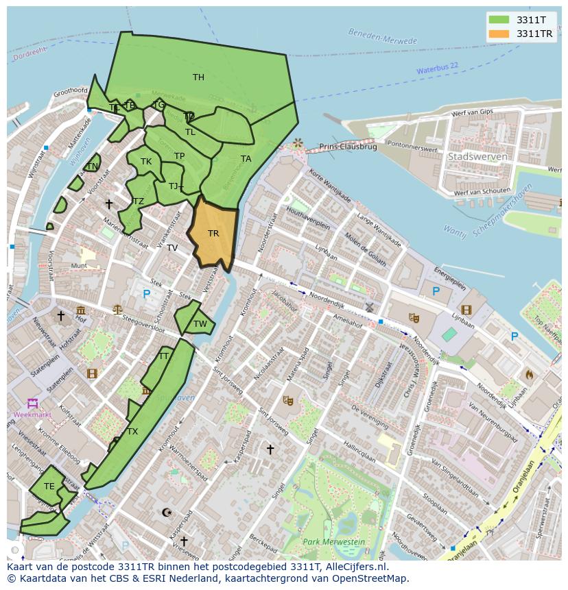 Afbeelding van het postcodegebied 3311 TR op de kaart.