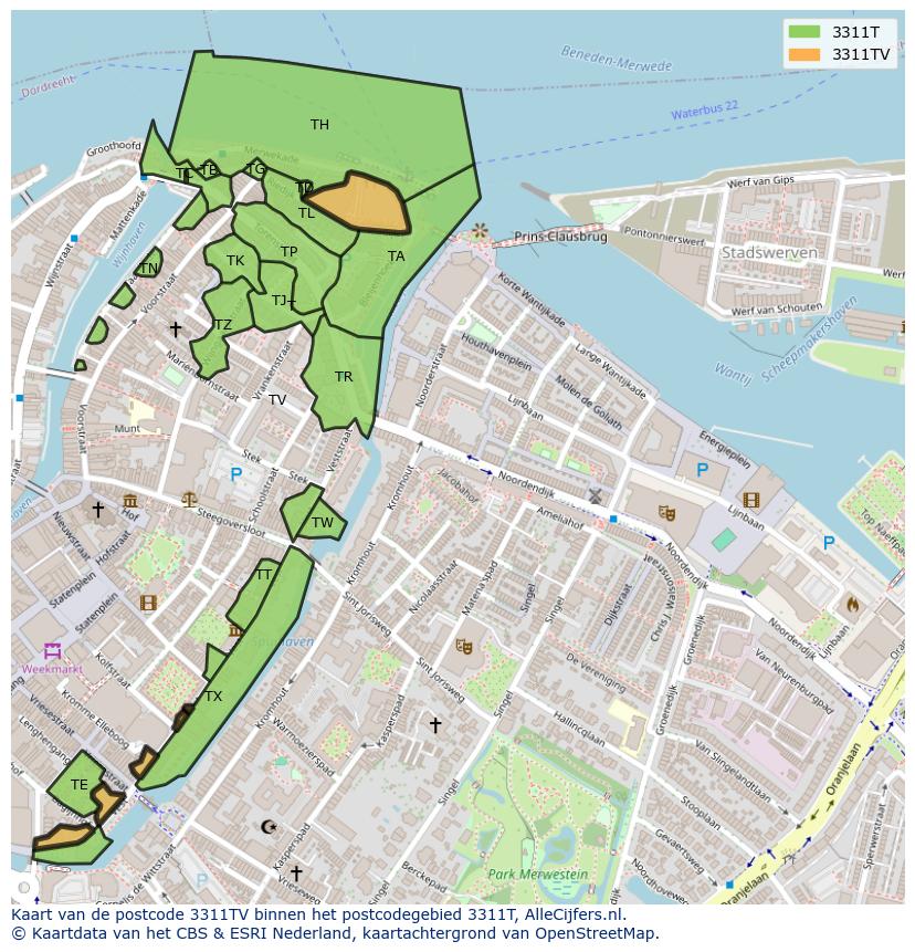 Afbeelding van het postcodegebied 3311 TV op de kaart.