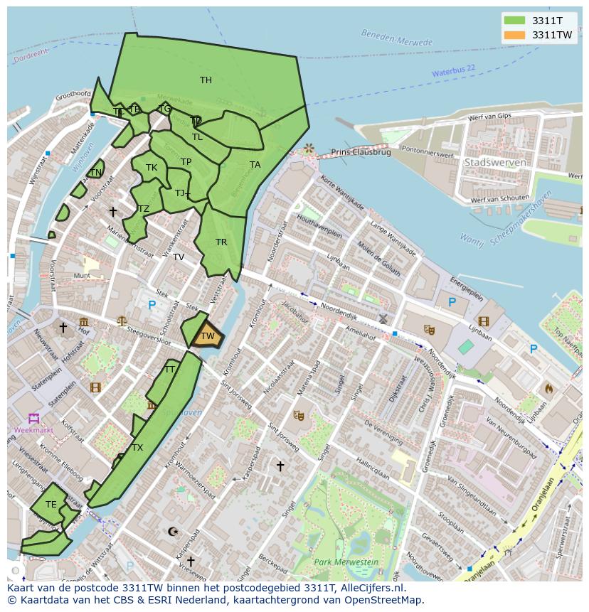 Afbeelding van het postcodegebied 3311 TW op de kaart.