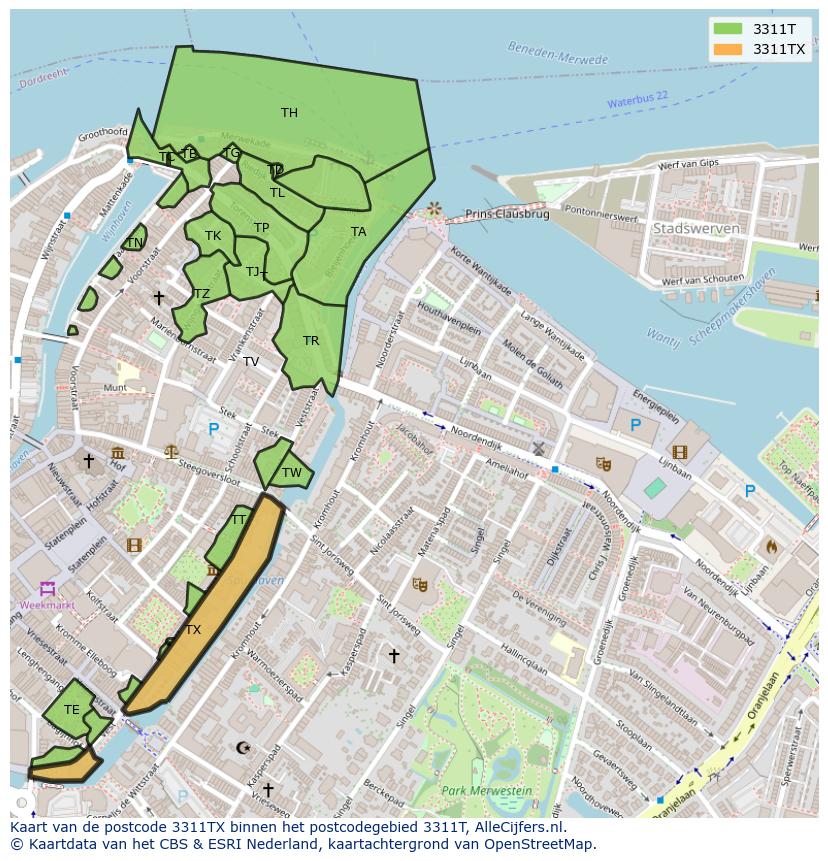 Afbeelding van het postcodegebied 3311 TX op de kaart.