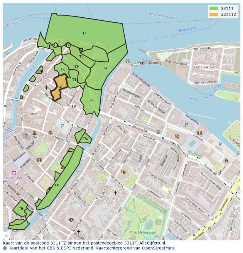 Afbeelding van het postcodegebied 3311 TZ op de kaart.