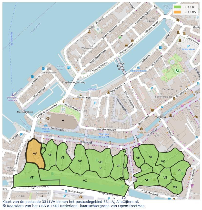 Afbeelding van het postcodegebied 3311 VV op de kaart.