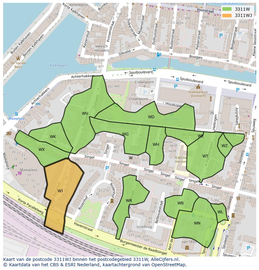 Afbeelding van het postcodegebied 3311 WJ op de kaart.