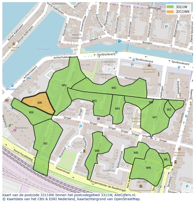 Afbeelding van het postcodegebied 3311 WK op de kaart.