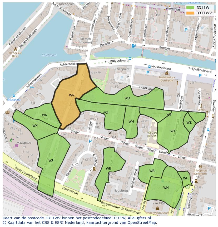 Afbeelding van het postcodegebied 3311 WV op de kaart.