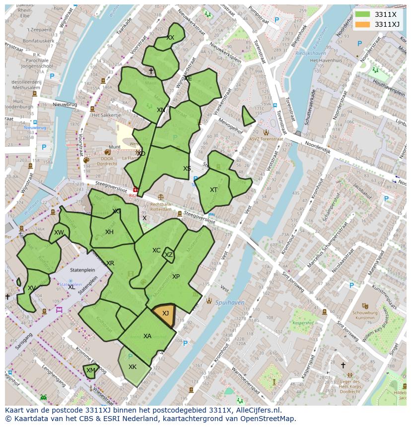 Afbeelding van het postcodegebied 3311 XJ op de kaart.