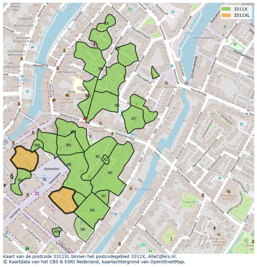Afbeelding van het postcodegebied 3311 XL op de kaart.