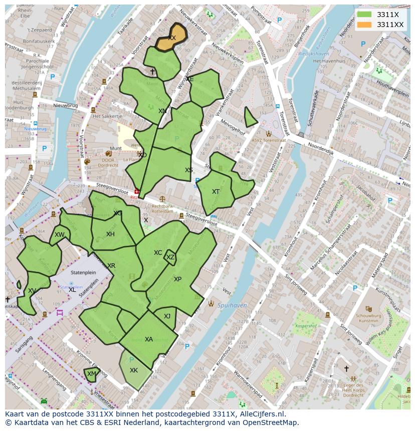 Afbeelding van het postcodegebied 3311 XX op de kaart.