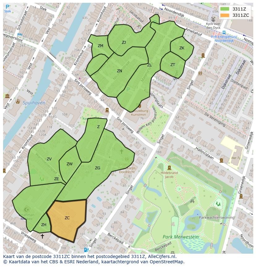 Afbeelding van het postcodegebied 3311 ZC op de kaart.