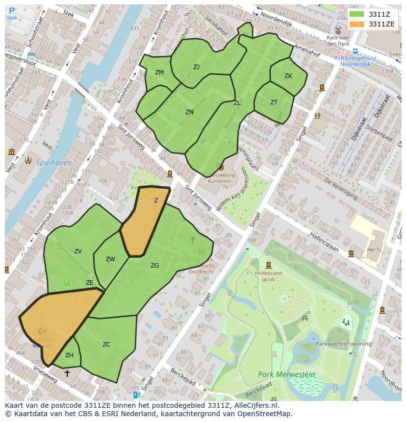 Afbeelding van het postcodegebied 3311 ZE op de kaart.