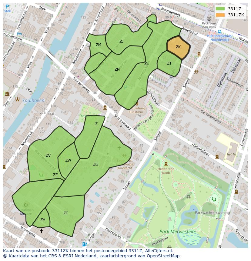 Afbeelding van het postcodegebied 3311 ZK op de kaart.