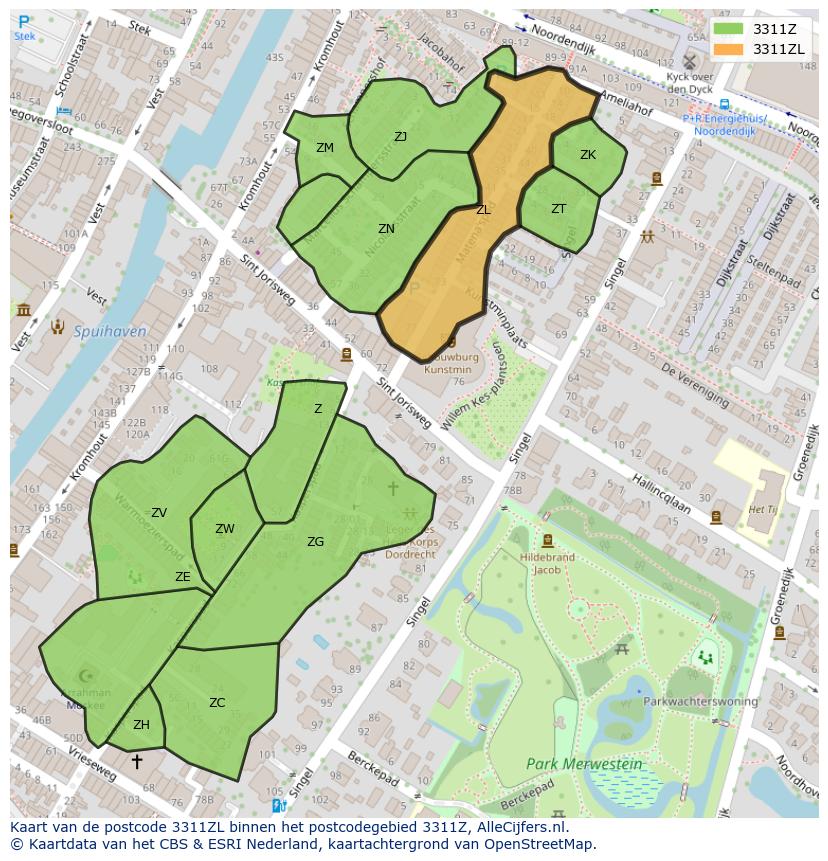 Afbeelding van het postcodegebied 3311 ZL op de kaart.