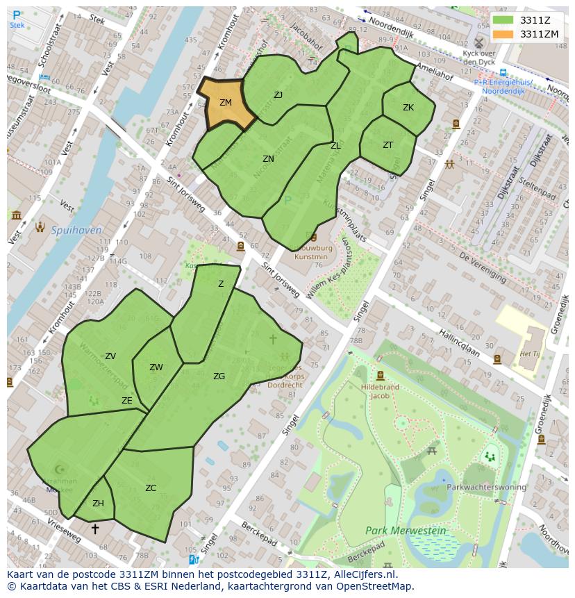 Afbeelding van het postcodegebied 3311 ZM op de kaart.