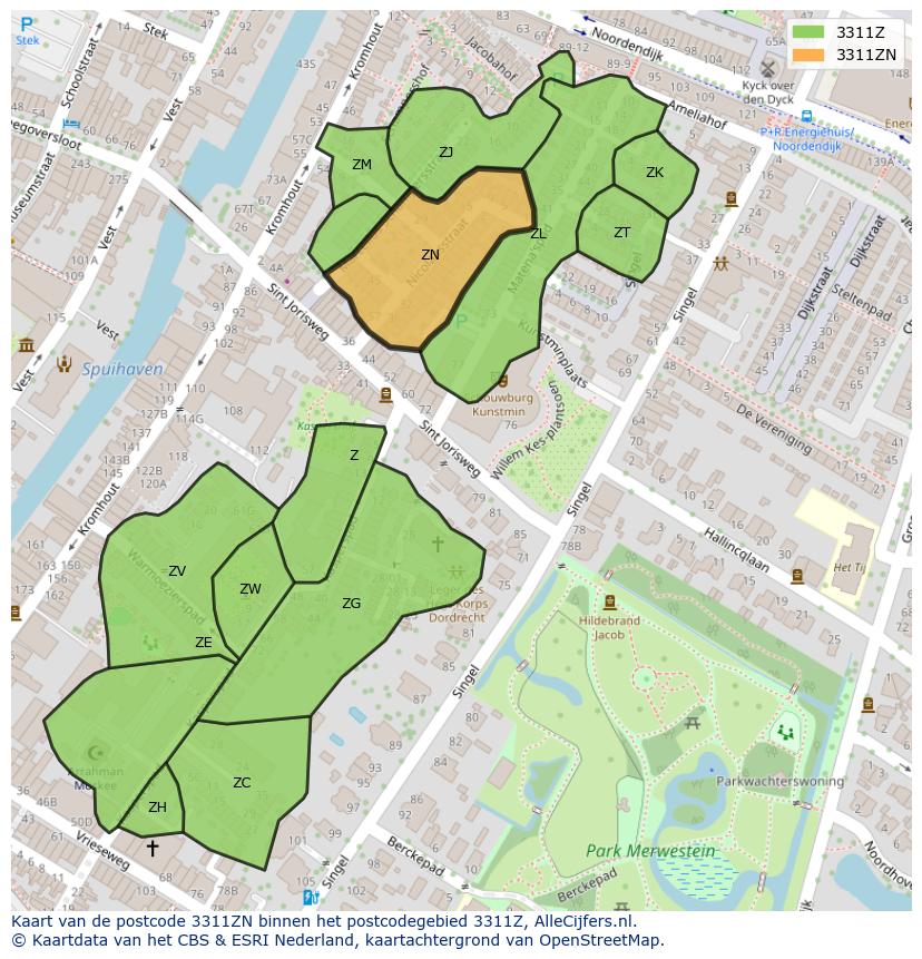 Afbeelding van het postcodegebied 3311 ZN op de kaart.