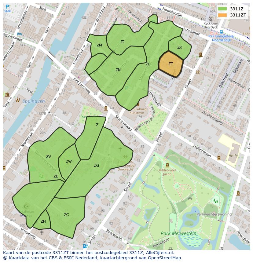 Afbeelding van het postcodegebied 3311 ZT op de kaart.