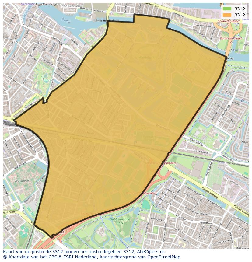 Afbeelding van het postcodegebied 3312 op de kaart.