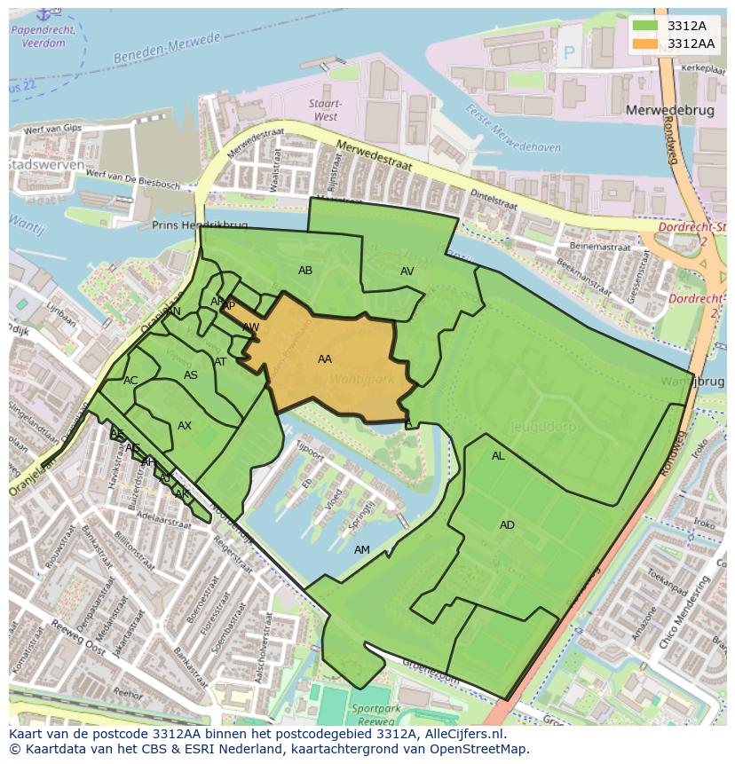 Afbeelding van het postcodegebied 3312 AA op de kaart.
