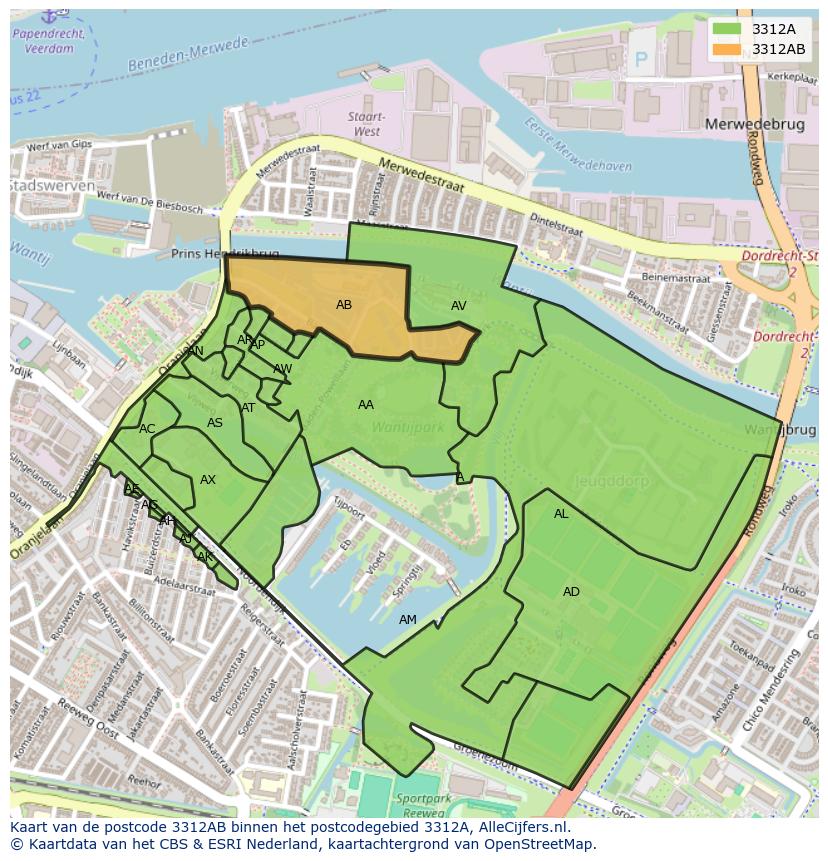 Afbeelding van het postcodegebied 3312 AB op de kaart.