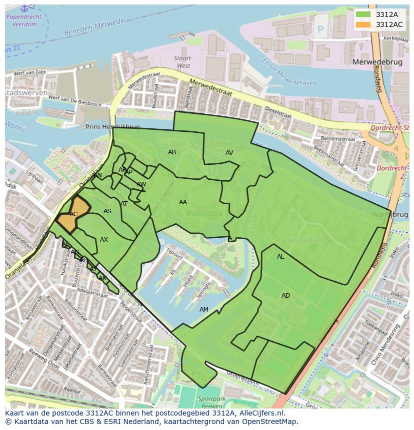 Afbeelding van het postcodegebied 3312 AC op de kaart.