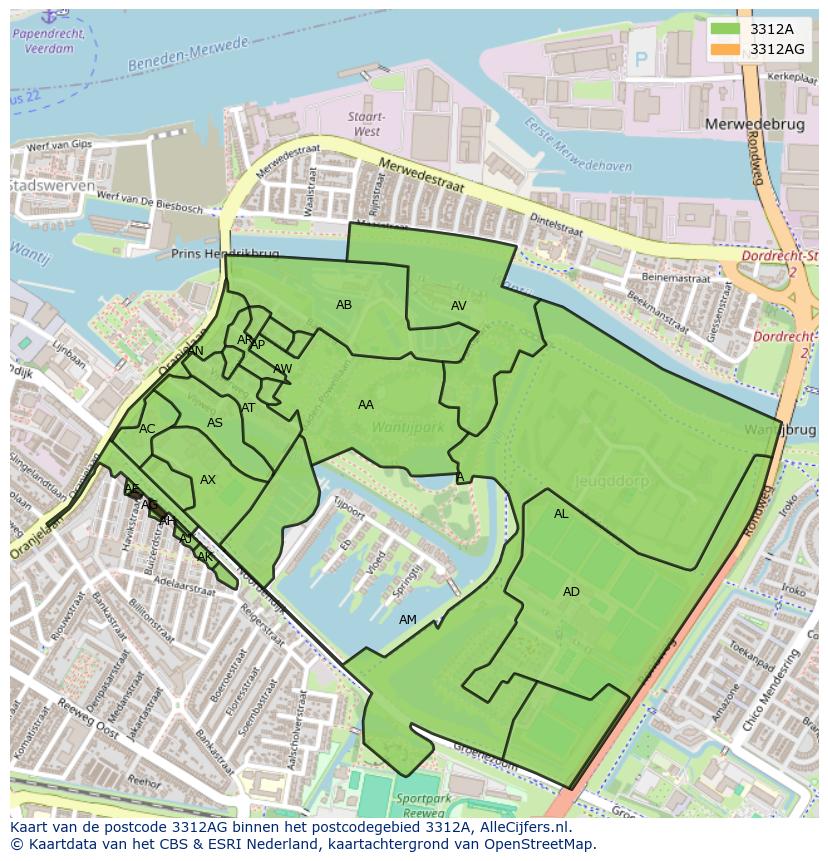Afbeelding van het postcodegebied 3312 AG op de kaart.