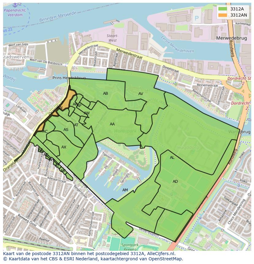 Afbeelding van het postcodegebied 3312 AN op de kaart.