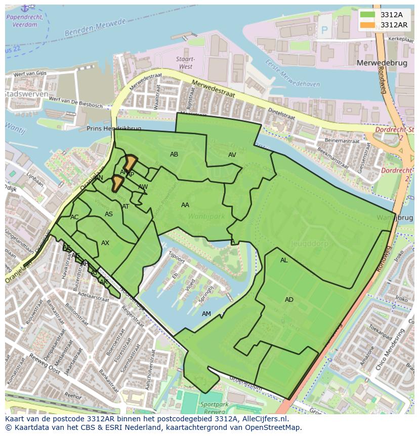 Afbeelding van het postcodegebied 3312 AR op de kaart.