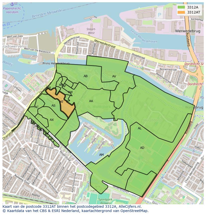 Afbeelding van het postcodegebied 3312 AT op de kaart.