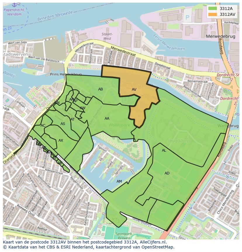 Afbeelding van het postcodegebied 3312 AV op de kaart.