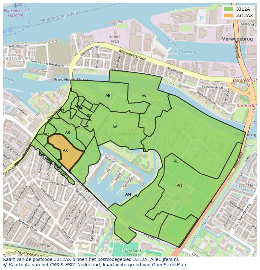 Afbeelding van het postcodegebied 3312 AX op de kaart.