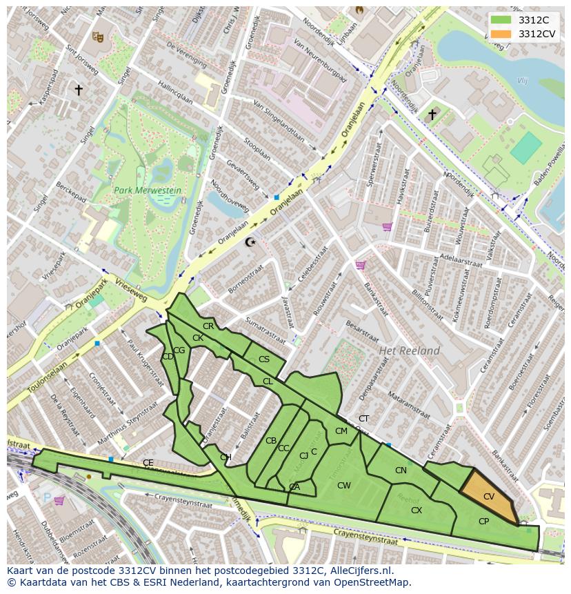 Afbeelding van het postcodegebied 3312 CV op de kaart.