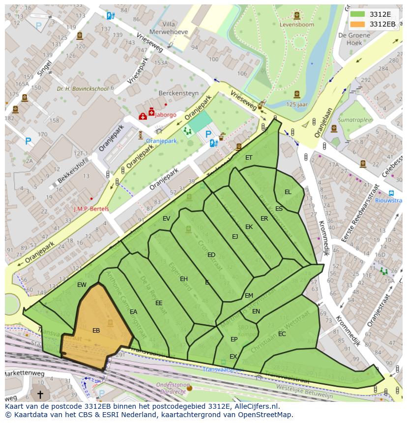 Afbeelding van het postcodegebied 3312 EB op de kaart.