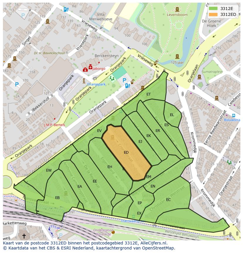 Afbeelding van het postcodegebied 3312 ED op de kaart.