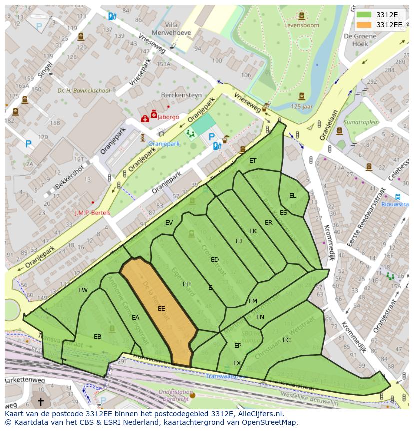 Afbeelding van het postcodegebied 3312 EE op de kaart.